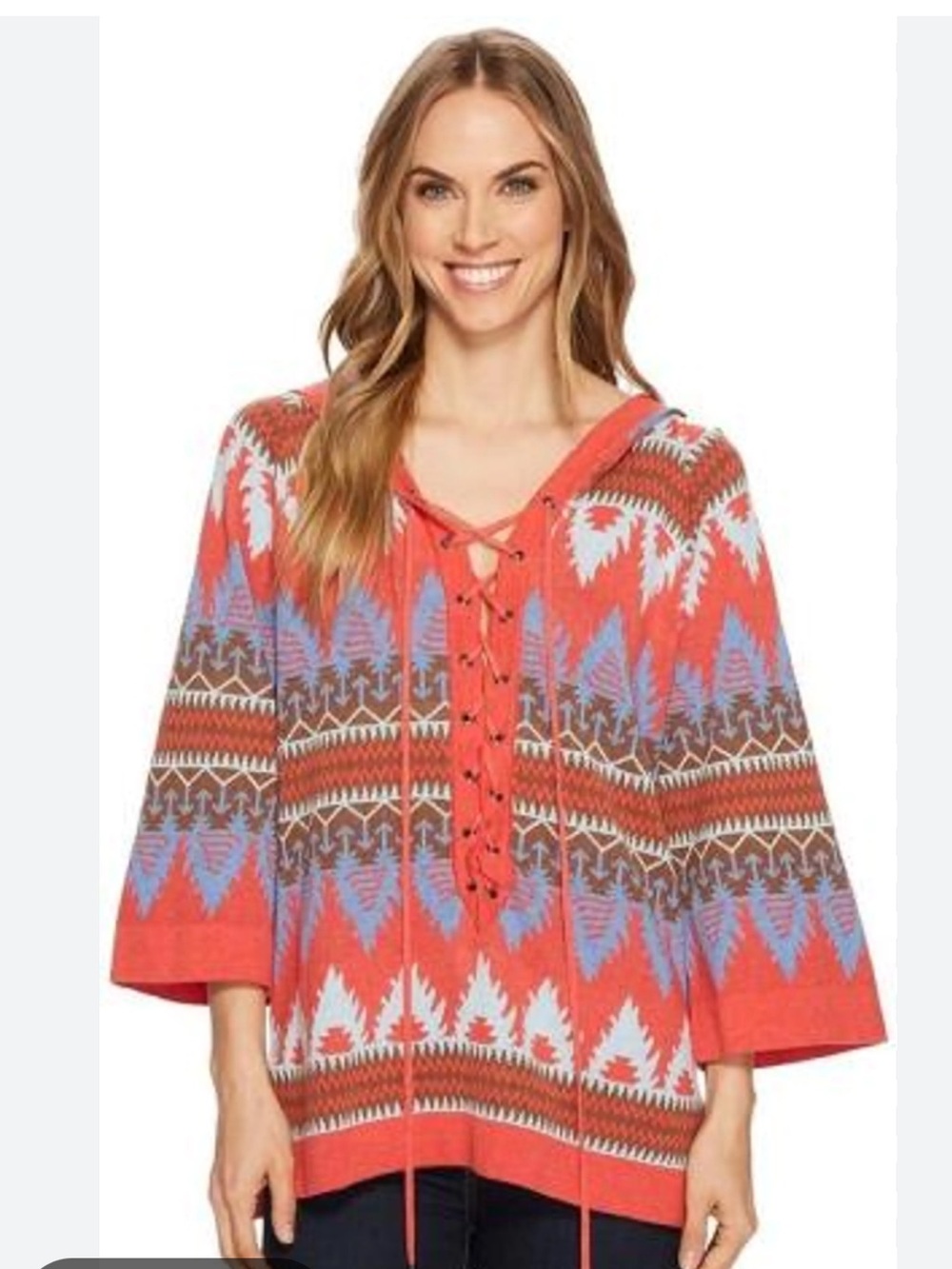 Aztec knit Tasha Polizzi lace -Up Hooded Aztec Knit Tunic - Red, Blue, Brown